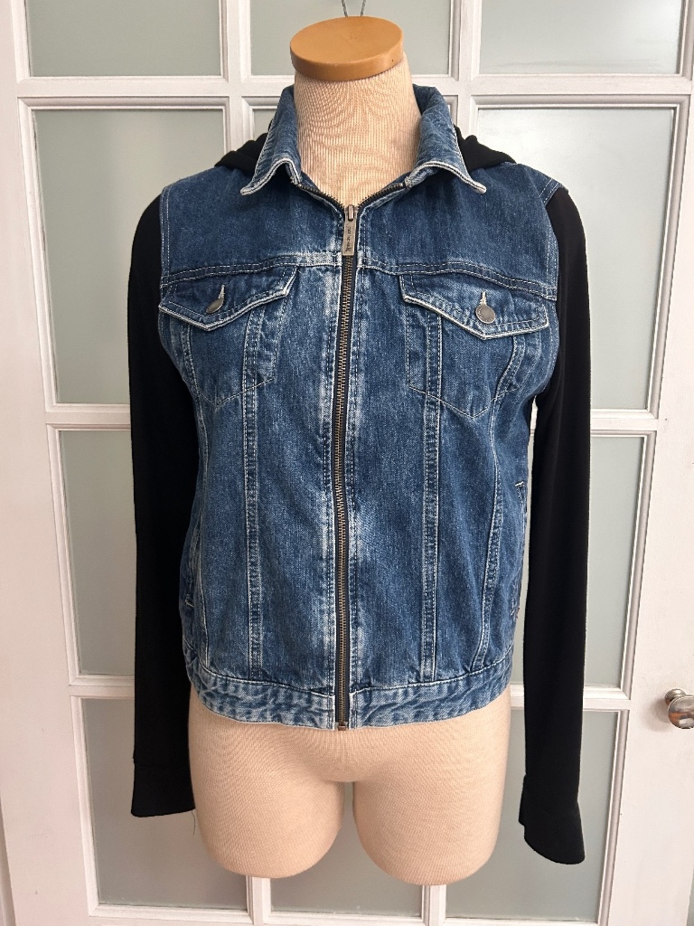 Peace Love World Blue Denim Jean Jacket Hoodie with Knit Sleeves and Hood Size L